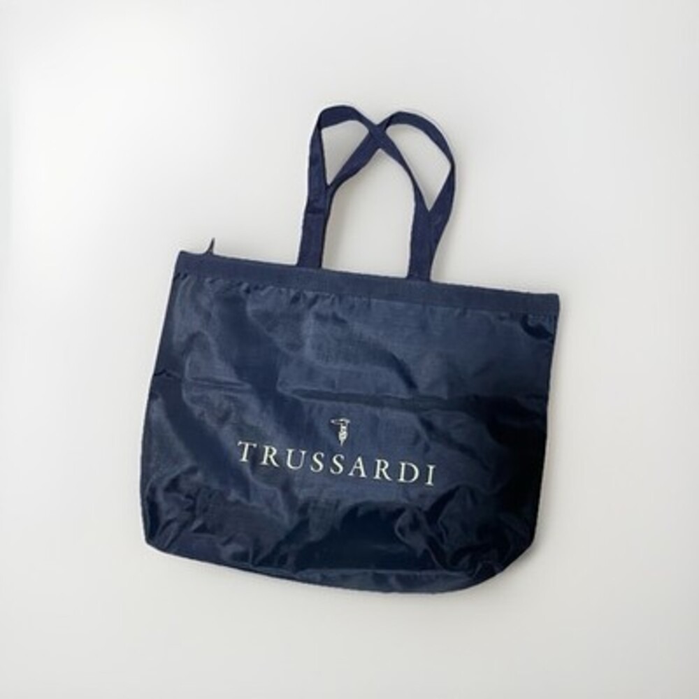Trussardi Navy Blue Nylon Tote Bag Zip Top Shoulder Bag Logo Print Lightweight